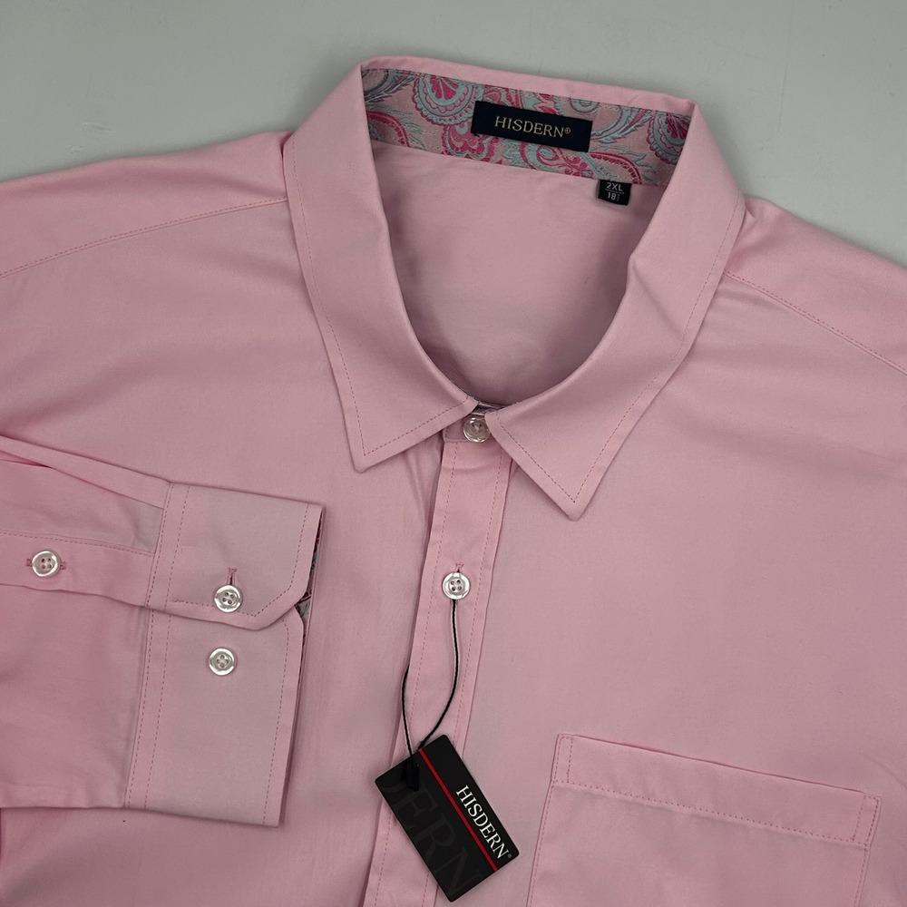 Hisdern Dress Shirt Pink Mens 2XL Paisley Trim Long Sleeve NWT Formal Classy
